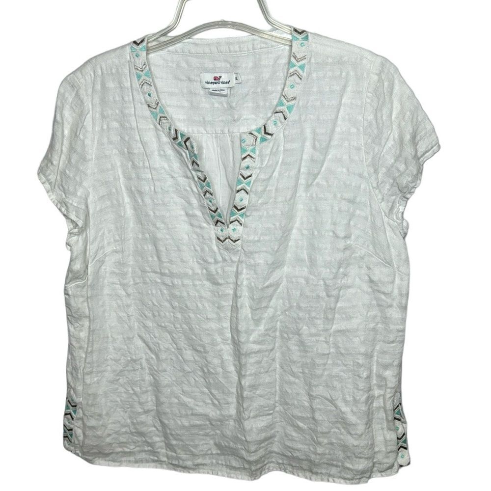Vineyard Vines 100% Linen V-Neck Embroidered Bohemian Top. Size XL.